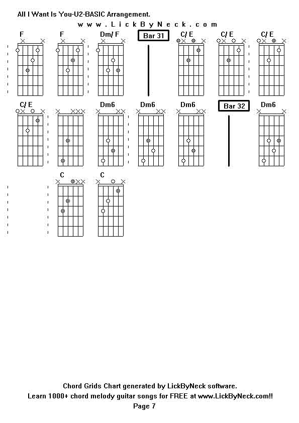 Chord Grids Chart of chord melody fingerstyle guitar song-All I Want Is You-U2-BASIC Arrangement,generated by LickByNeck software.